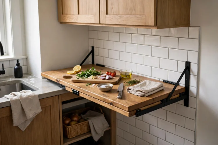 Photorealistic kitchen photo of a fold-down wall table used as extra prep space in a small kitchen
