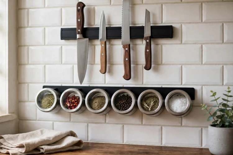 Photorealistic kitchen photo of a magnetic knife strip and spice tins mounted on a kitchen wall