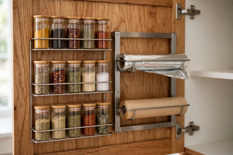 Photorealistic kitchen photo of a cabinet door interior fitted with slim organizers for spices and foil