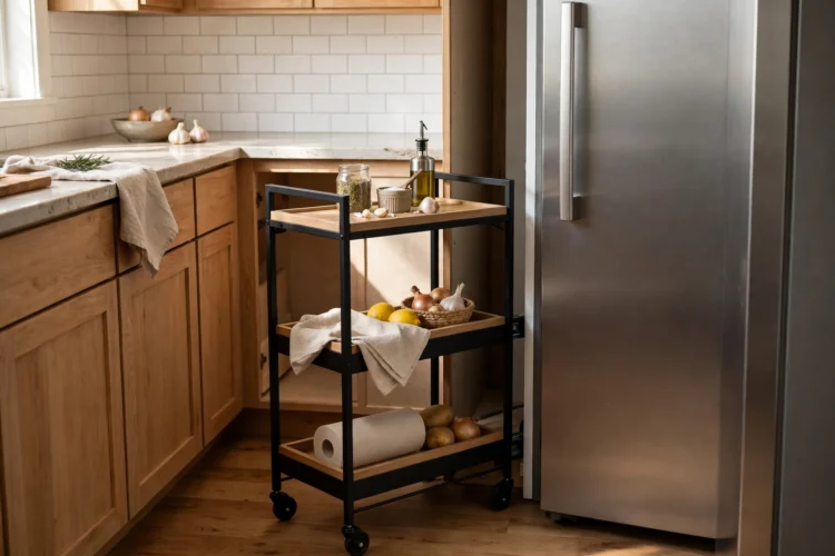 Photorealistic kitchen photo of a narrow rolling cart pulled from the gap beside a refrigerator