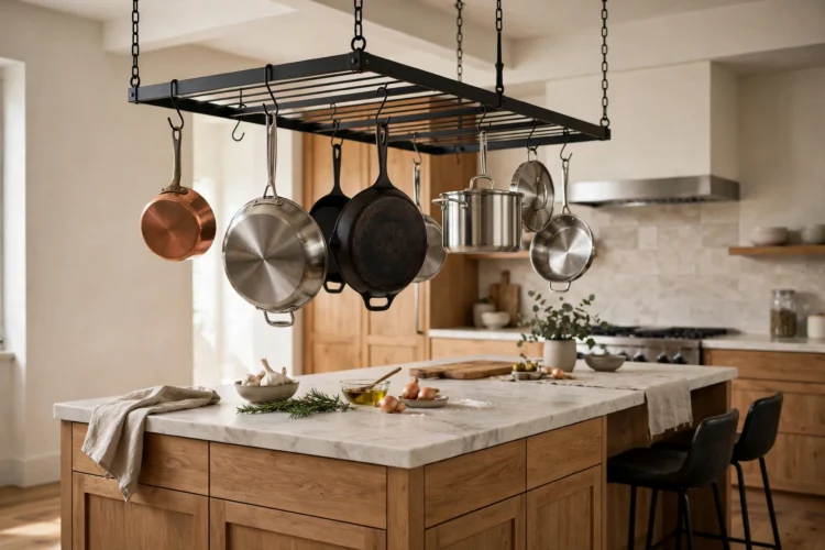 Photorealistic kitchen photo of a ceiling-mounted pot rack with hanging cookware over a kitchen island