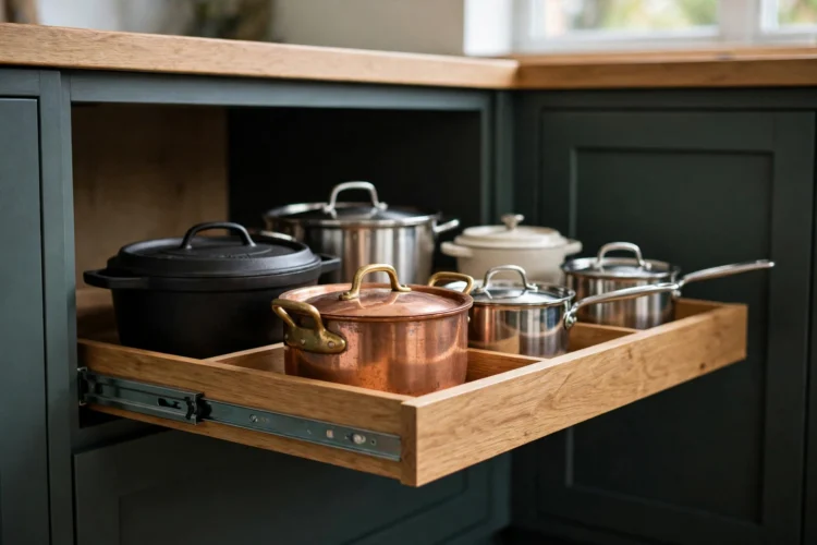 Photorealistic kitchen photo of roll-out shelves gliding from a deep base cabinet with pots inside