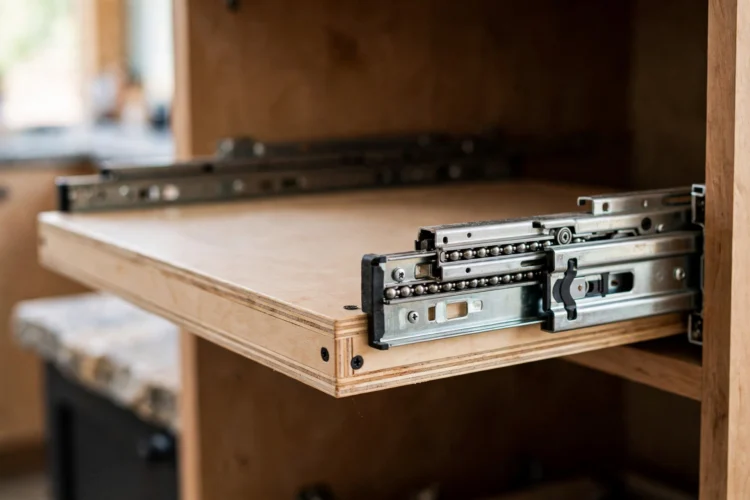 Photorealistic kitchen photo of a close-up of full-extension ball-bearing drawer slides on a roll-out shelf