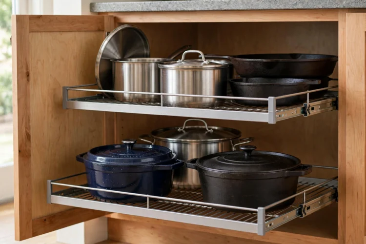 Photorealistic kitchen photo of a two-tier roll-out unit holding heavy pots and lids in a lower cabinet
