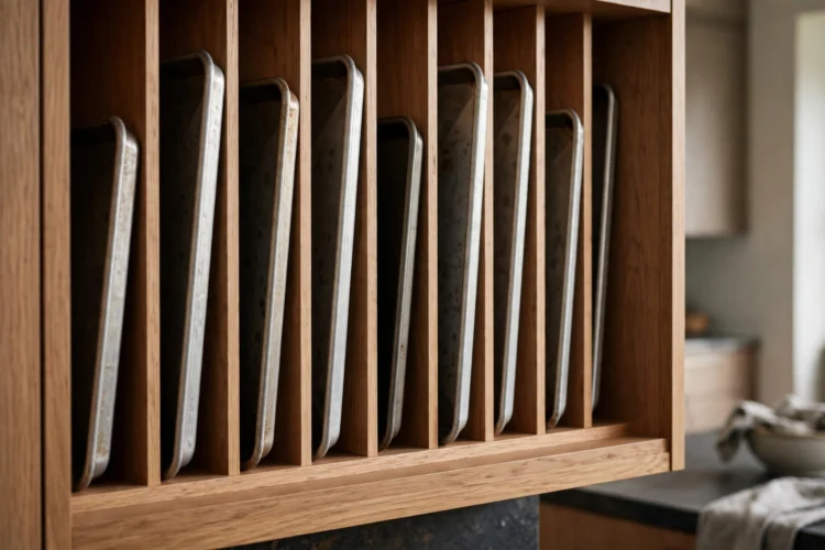 Photorealistic kitchen photo of vertical tray dividers filing baking sheets upright in a deep cabinet