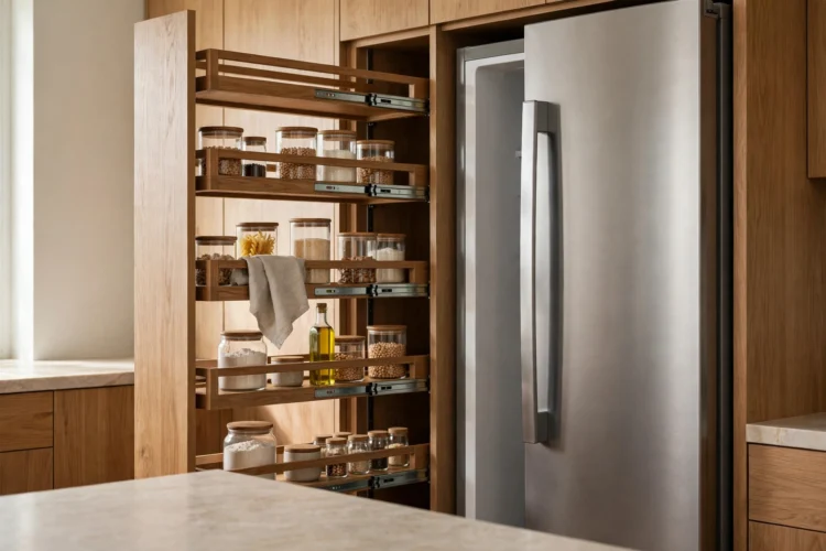 Photorealistic kitchen photo of a tall pull-out pantry tower sliding from a narrow gap beside the fridge