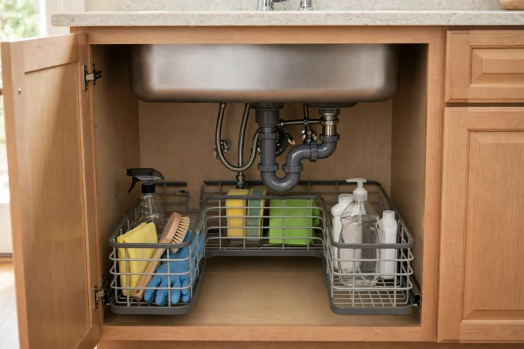 Photorealistic kitchen photo of a U-shaped pull-out caddy with cleaning supplies under a kitchen sink