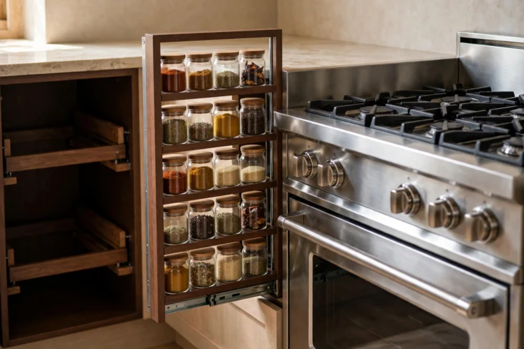 Photorealistic kitchen photo of a narrow pull-out spice rack with jars beside a kitchen range