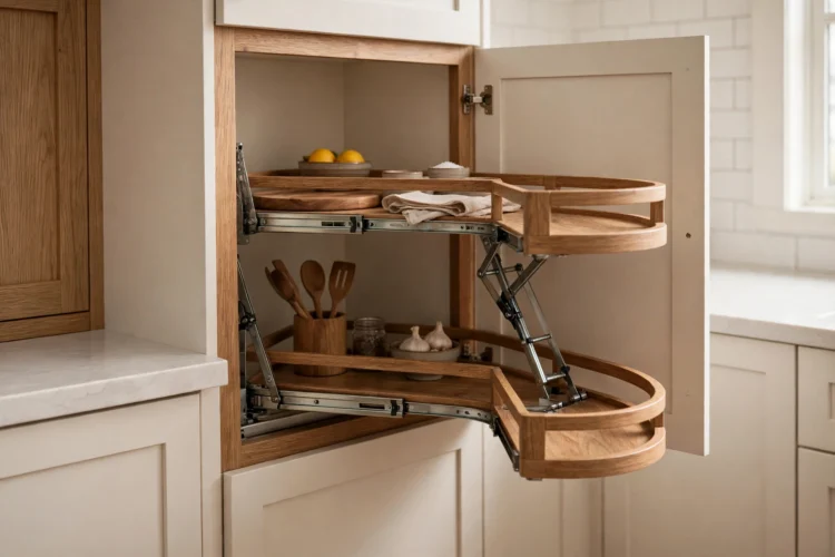 Photorealistic kitchen photo of blind-corner pull-out shelves swinging out from a corner cabinet