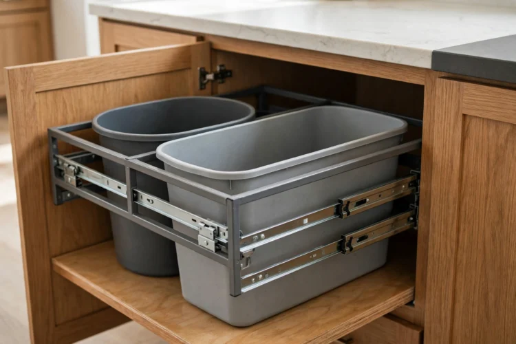 Photorealistic kitchen photo of a pull-out waste and recycling bin unit inside a base cabinet
