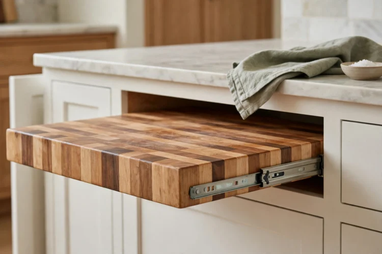 Photorealistic kitchen photo of a pull-out butcher-block cutting board sliding from under a countertop