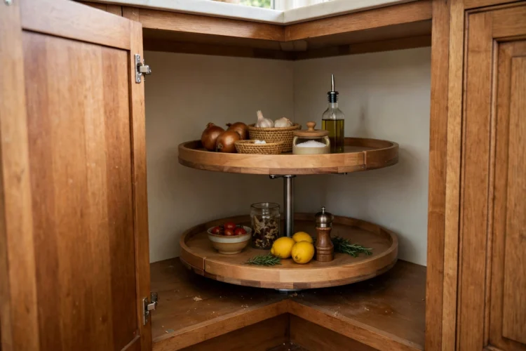 Photorealistic kitchen photo of a lazy susan with two rotating trays inside a corner base cabinet