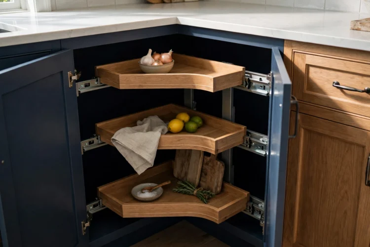 Photorealistic kitchen photo of blind-corner pull-out shelves sliding from a corner cabinet