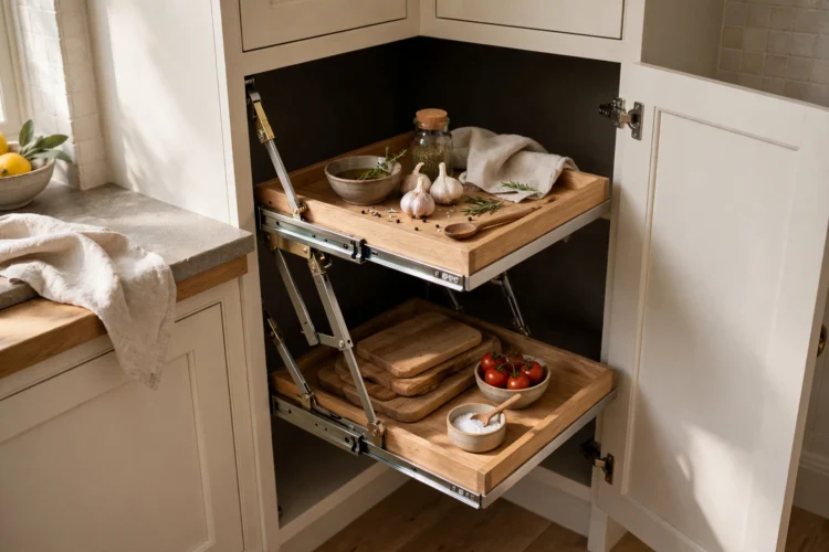 Photorealistic kitchen photo of a magic corner unit with linked shelves swinging out of a blind corner