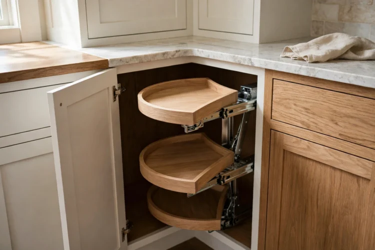 Photorealistic kitchen photo of half-moon pull-out shelves pivoting from a diagonal corner cabinet
