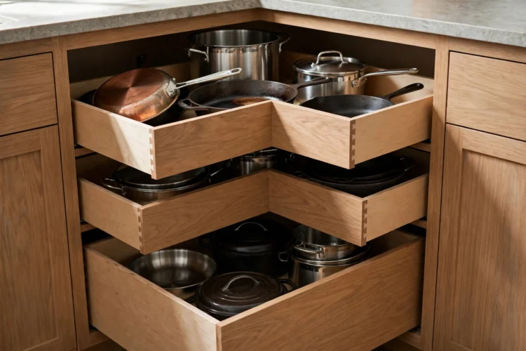Photorealistic kitchen photo of deep drawers running into a kitchen corner holding pots and pans