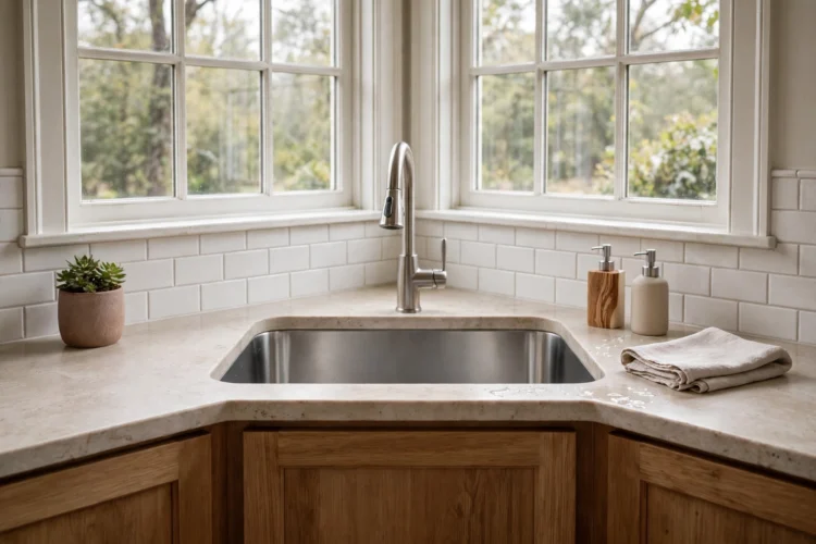 Photorealistic kitchen photo of a corner sink base with a large single basin under a corner window