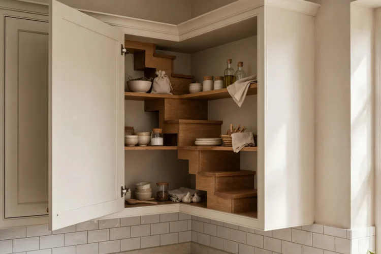 Photorealistic kitchen photo of an upper corner cabinet with a diagonal door and stepped shelves inside