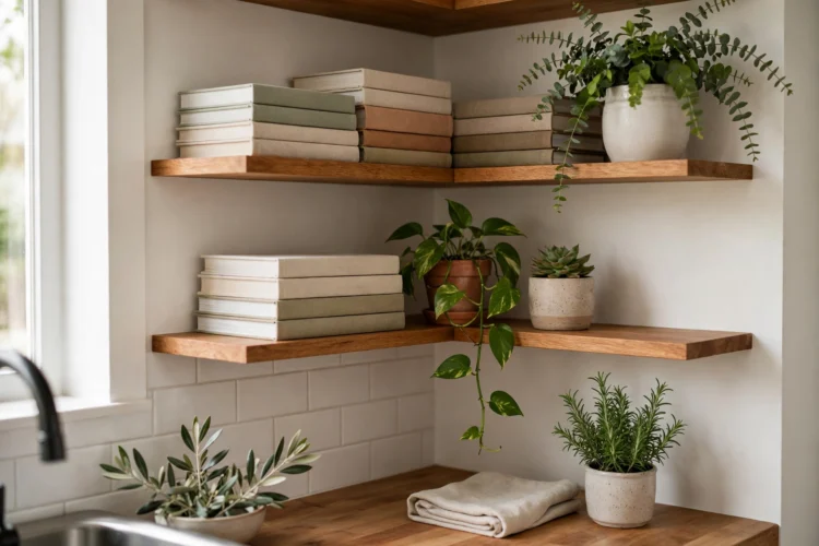 Photorealistic kitchen photo of open corner shelves displaying cookbooks and plants in a kitchen