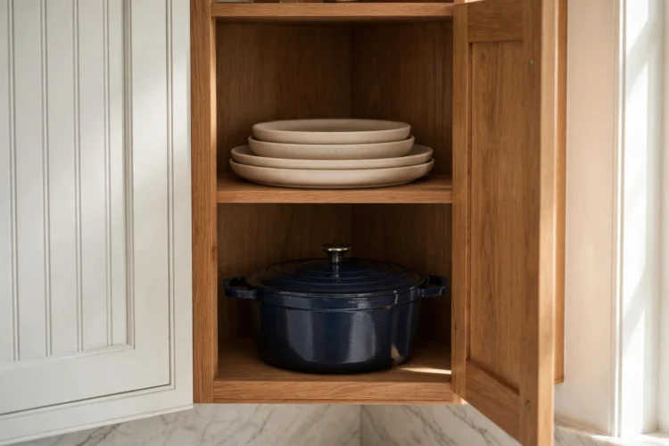 Photorealistic kitchen photo of a corner cabinet neatly storing a Dutch oven and serving platters
