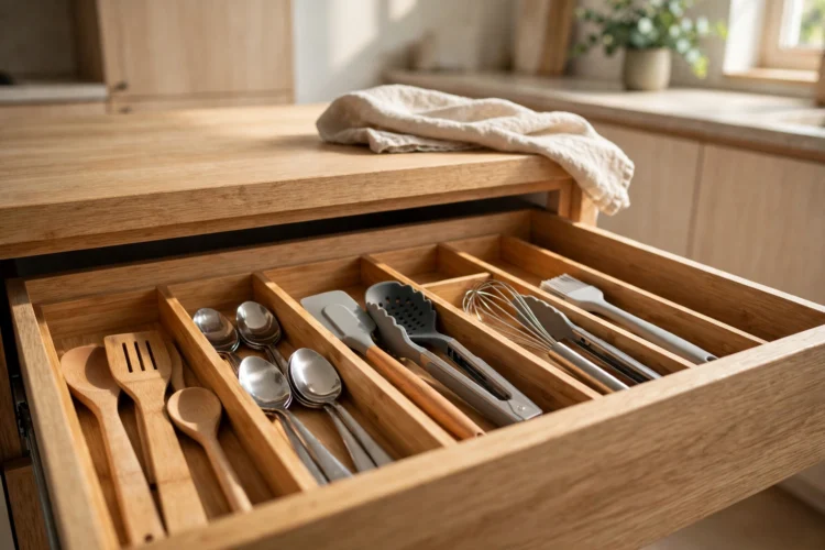 Adjustable bamboo drawer dividers organizing kitchen utensils