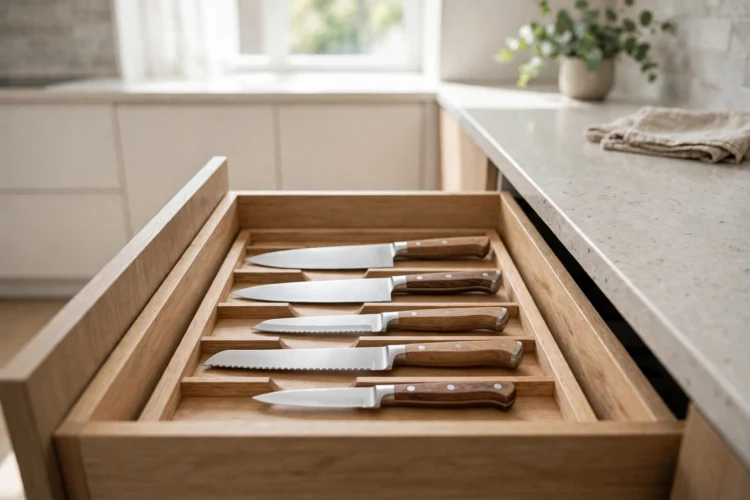 In-drawer knife dock holding kitchen knives flat
