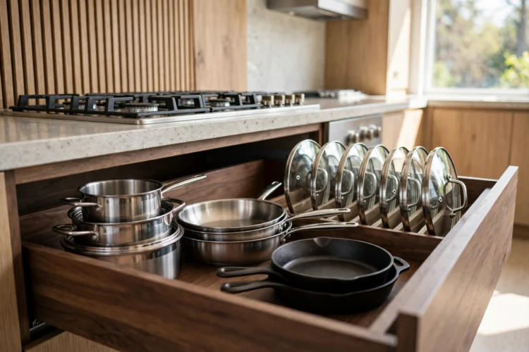 Deep kitchen drawer with pots, pans, and upright lids