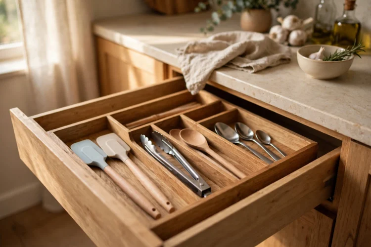 Wooden utensil tray with compartments for everyday tools