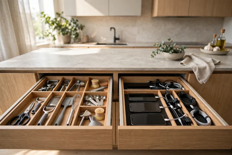 Small compartments for kitchen gadgets and a charging drawer