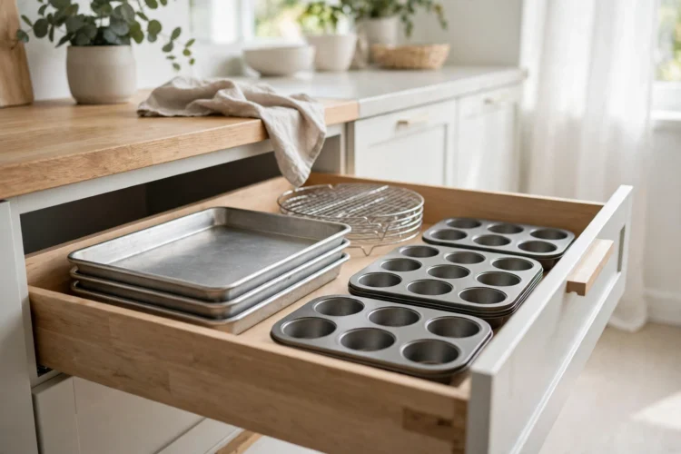 Baking drawer with sheet pans, racks, and tins