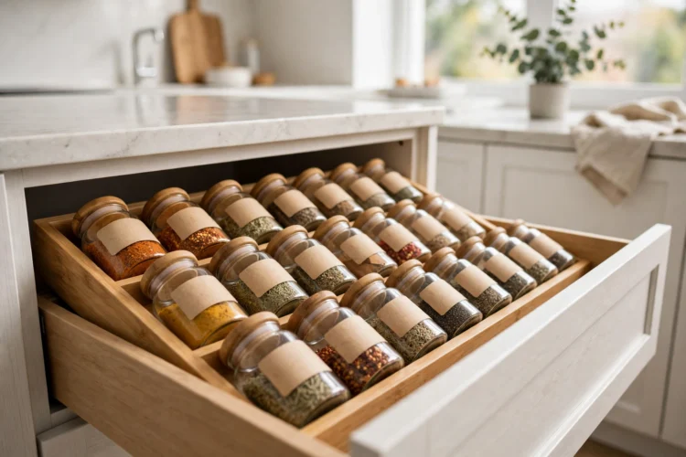Spice drawer insert with jars and labels facing up