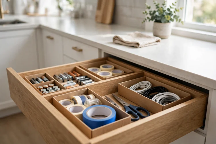 Junk drawer divided into four tidy zones