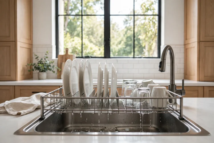 Over-sink dish rack with plates draining into the basin