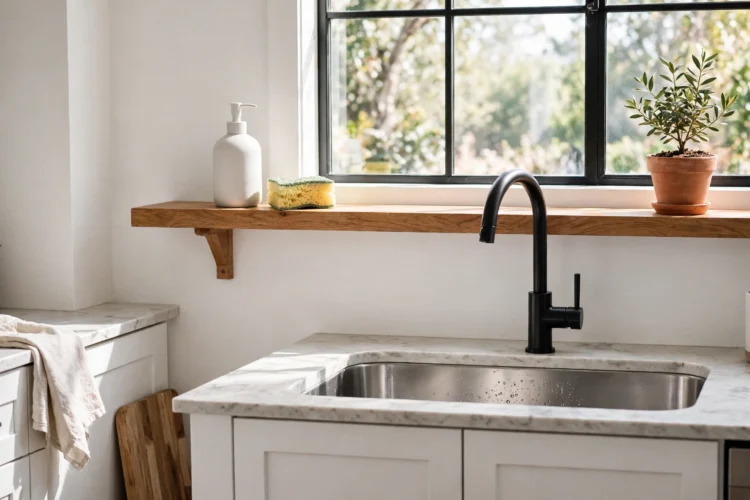 Wooden shelf above the kitchen sink with soap and sponge