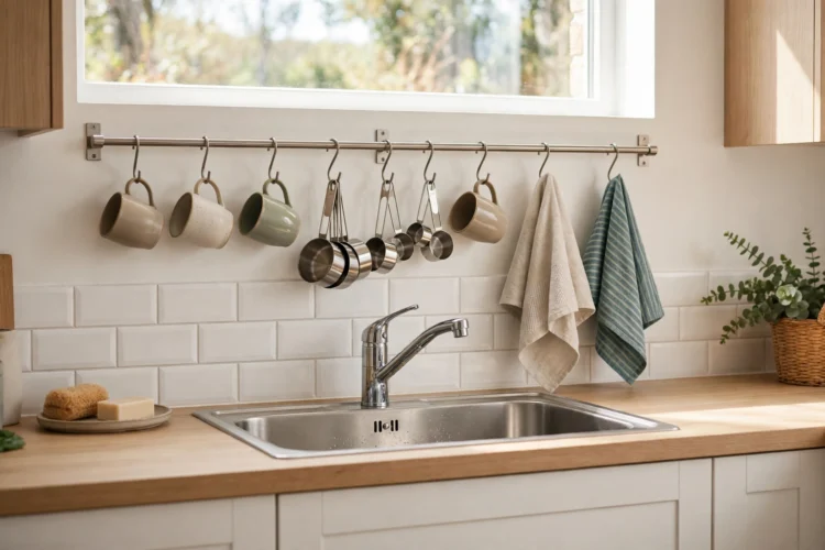 Wall rail with hanging mugs and towels above the sink