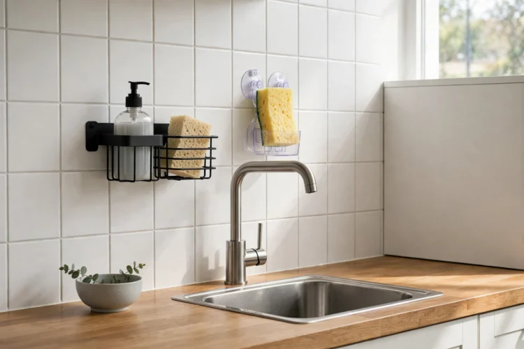 Wall-mounted soap and sponge caddy beside the faucet