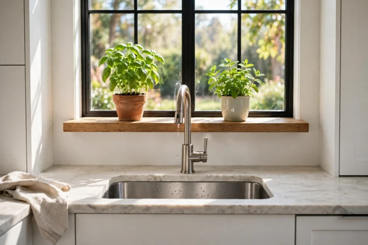 Herb plants on a window shelf above the kitchen sink