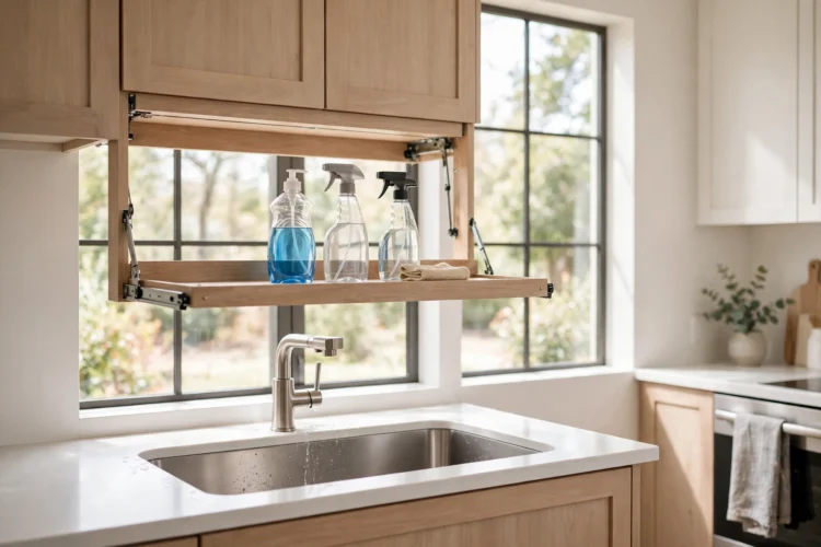 Pull-down shelf above the kitchen sink