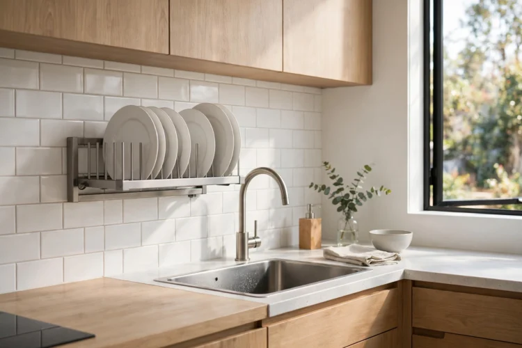 Foldable wall-mounted drying rack beside the sink