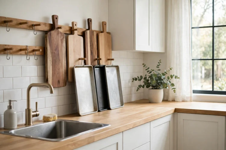 Peg rail holding cutting boards and baking trays upright