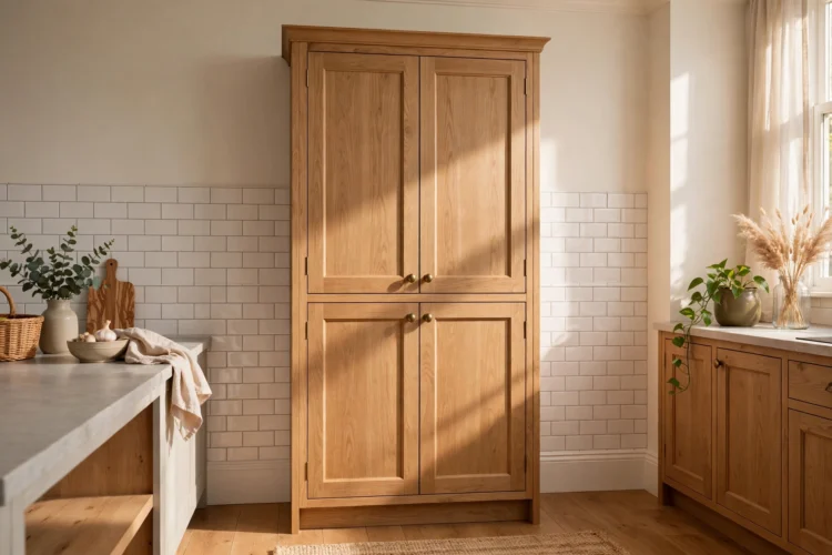 Tall freestanding pantry cabinet against a kitchen wall