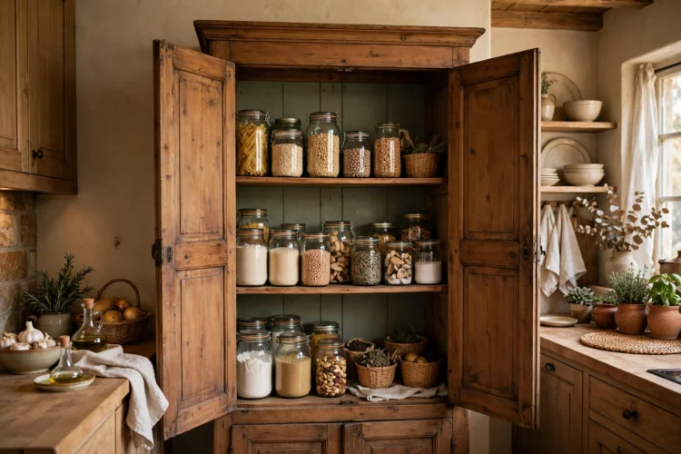 Wooden armoire converted into a kitchen pantry with shelves