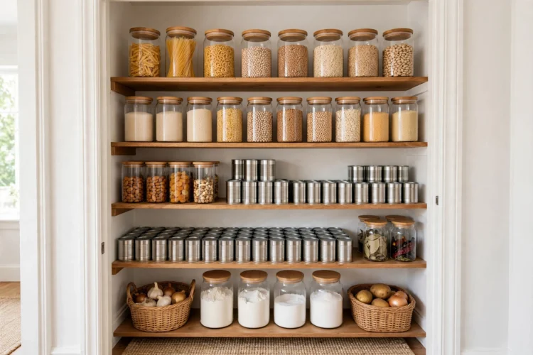 Coat closet converted into pantry shelves with jars