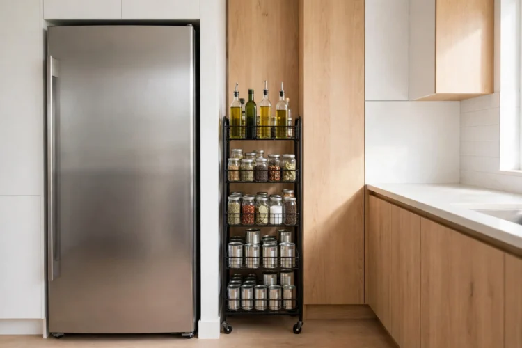 Slim rolling storage cart in a narrow kitchen gap