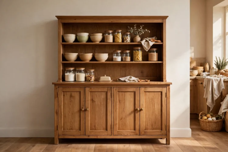 Hutch sideboard used for kitchen storage against a blank wall