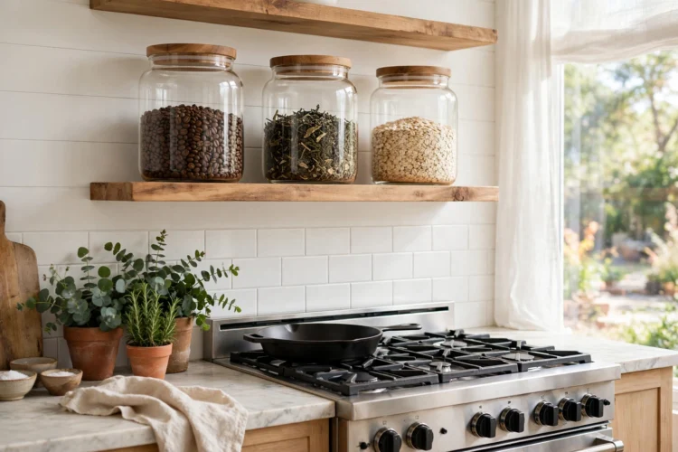 Open kitchen shelves with matching jars for daily staples