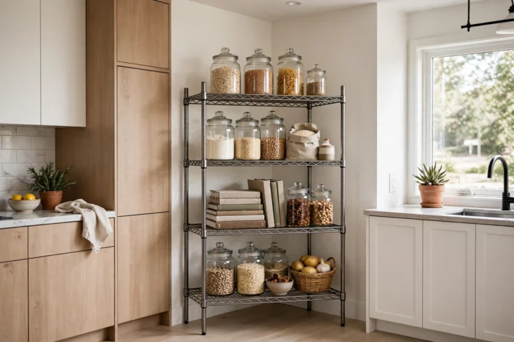 Metal baker's rack with dry goods in a kitchen corner