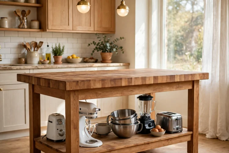 Kitchen work table with lower shelf storage