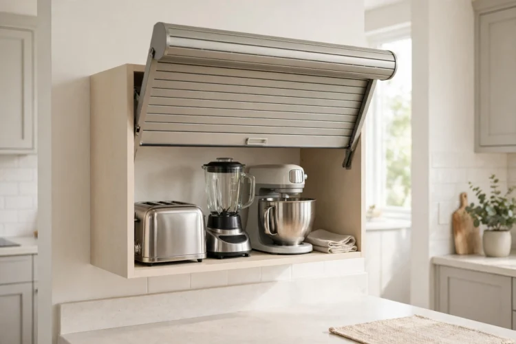 Small appliance cabinet with a restock shelf