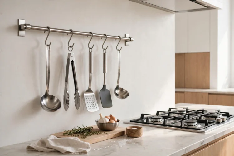 Wall rail with hooks holding kitchen tools above a counter